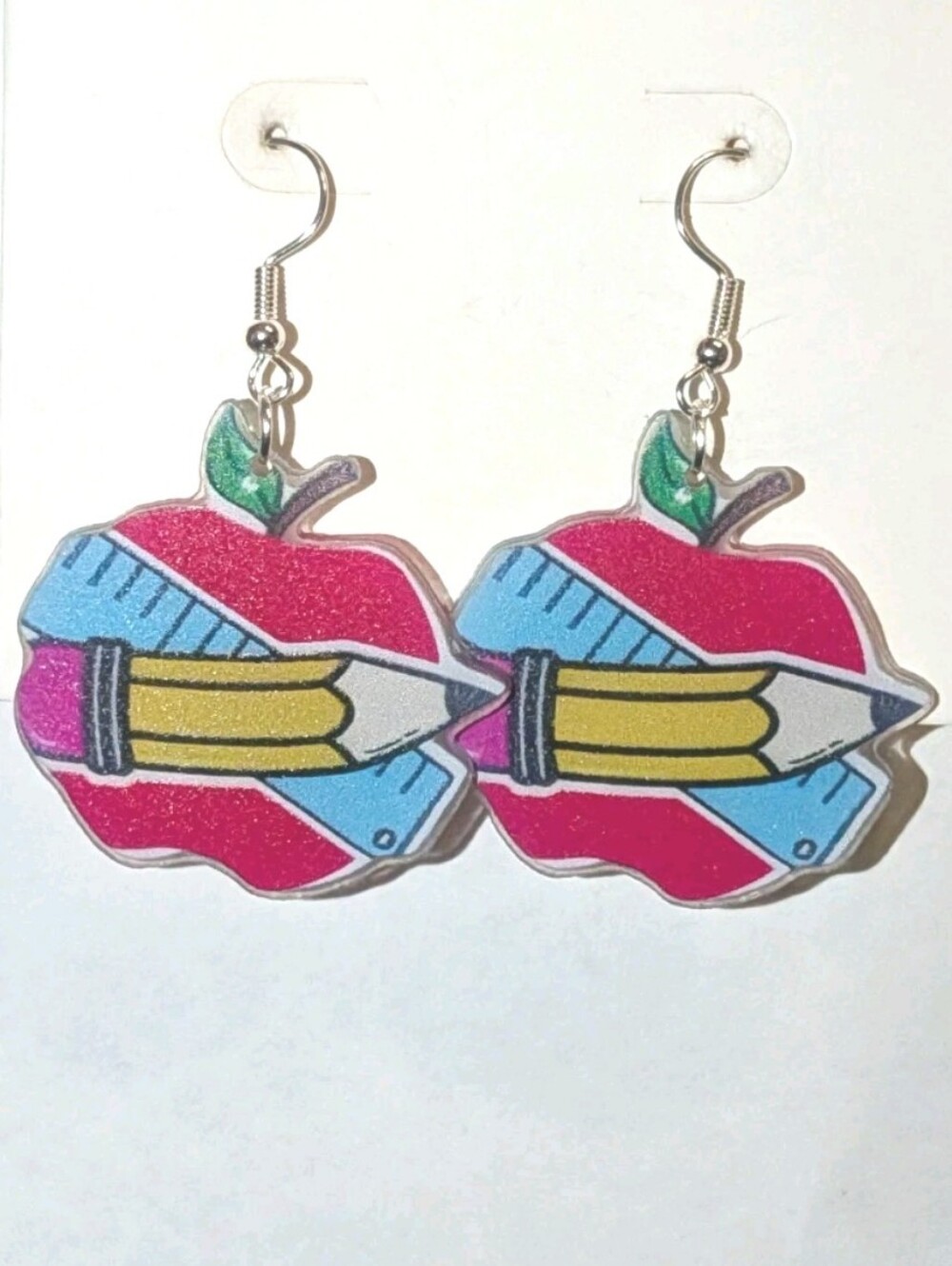 Hand Crafted Women/Kids Red Apple & Pencil Dangle Earrings - Picture 6 of 7